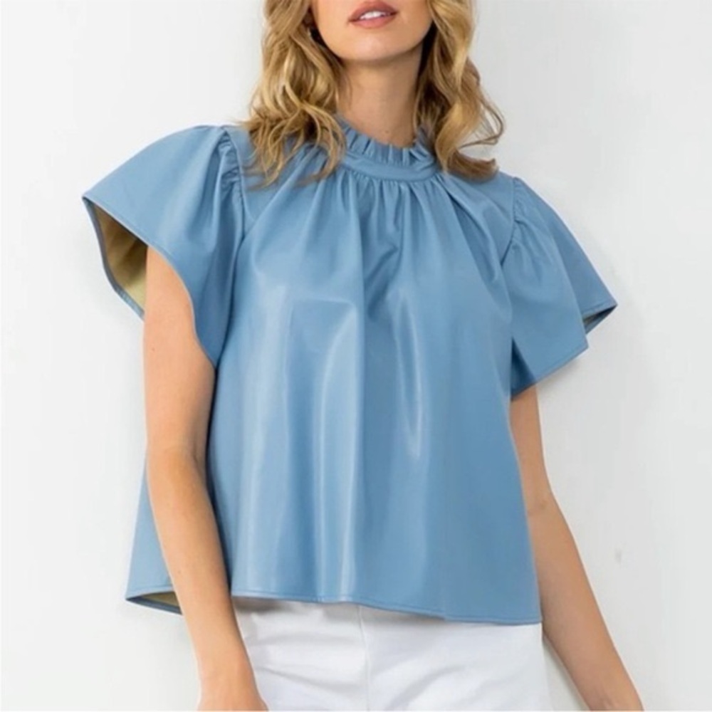 THML Powder Blue Short Sleeve Ruffle Neck Blouse